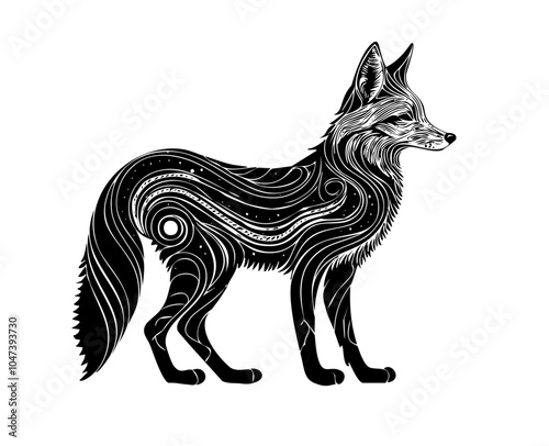Beautiful fox detailed silhouettes crafted with wavelike patterns, isolated on white. 
