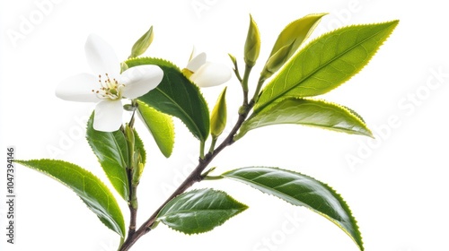 White Flower with Green Leaves on Branch Against White Background
