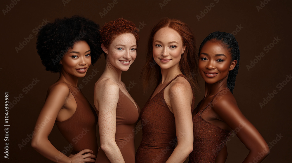 Obraz premium Studio shot of four smiling and posing young female models stylish, red burgandy and brown, multi ethnicity, diverse ethnicity, multicultural lifestyle, happy. different skin tones