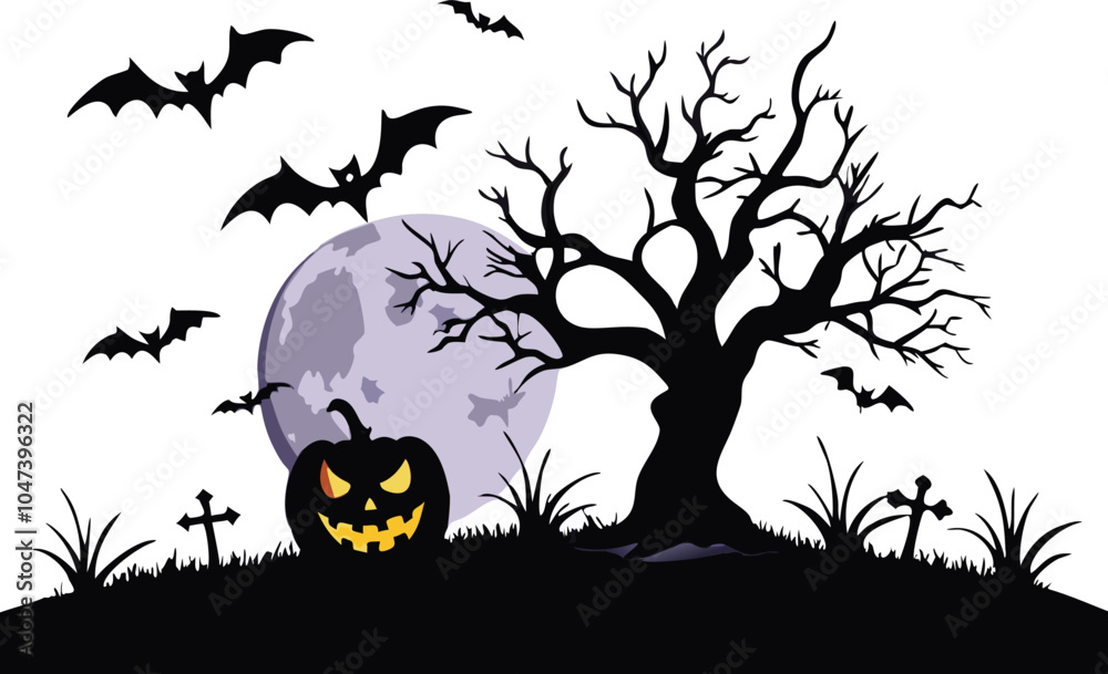 Spooky Halloween Night Scene with Bats, Tree, and Pumpkin Spooky Halloween Night Scene with Bats, Tree, and Pumpkin