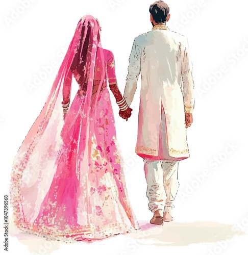 Watercolor Indian young couple of bride and groom from behind 02