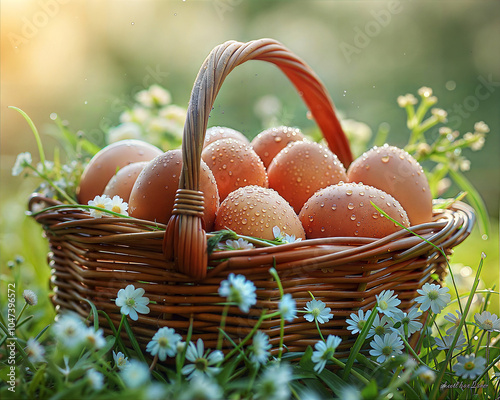Basket filled with fresh eggs surrounded by flowers, outdoor setting.