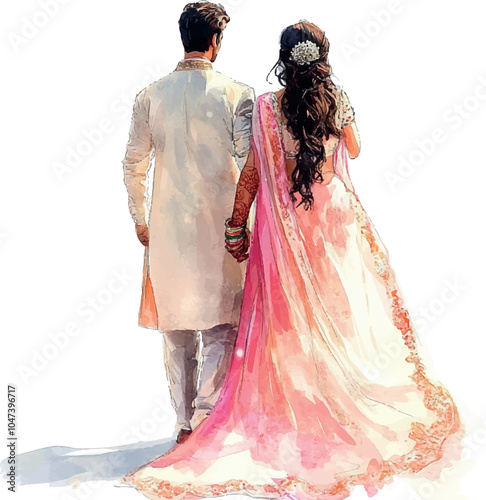 Watercolor Indian young couple of bride and groom from behind