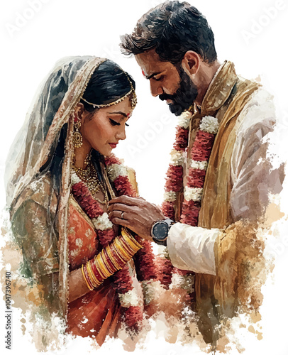 Watercolor Indian young couple of bride and groom