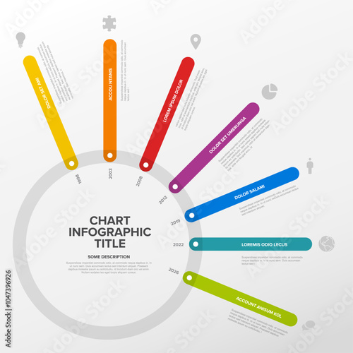 Simple timeline template made of rainbow color thick line segments on big circle. Multipurpose infochart template displaying main milestones or important stages on circle path.