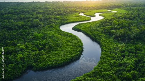 Aerial View of a Winding River Through Lush Green Rainforest