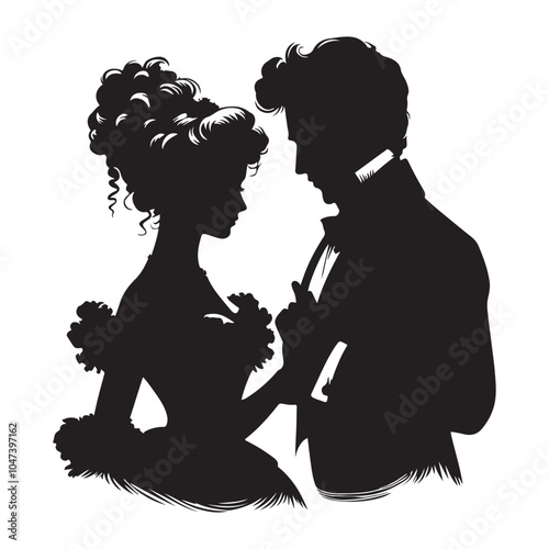  Victorian Couple  silhouette  vector black color white background 