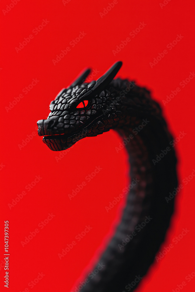 Obraz premium Striking Black Dragon Sculpture on Vivid Red Background