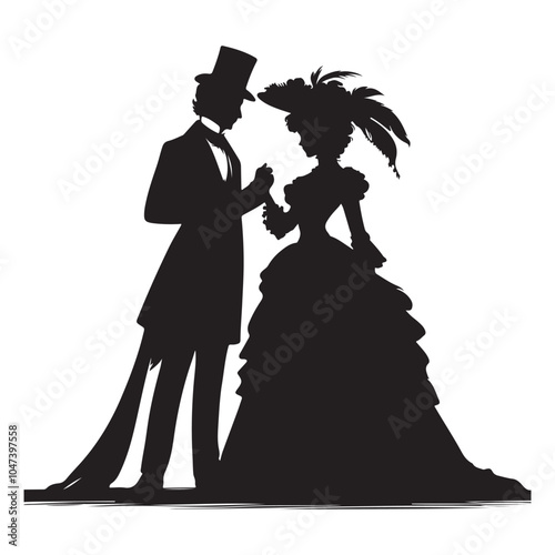  Victorian Couple  silhouette  vector black color white background 