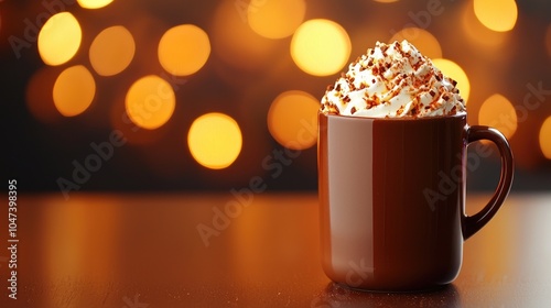 Delicious hot chocolate topped with whipped cream and sprinkles, warm ambiance. photo