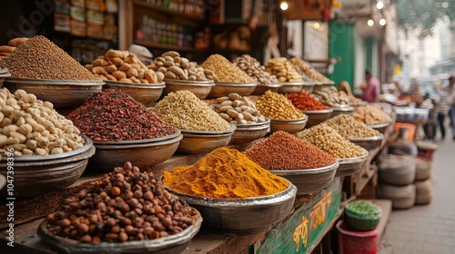 Indian Spice Market Stall with Bowls of Dried Goods