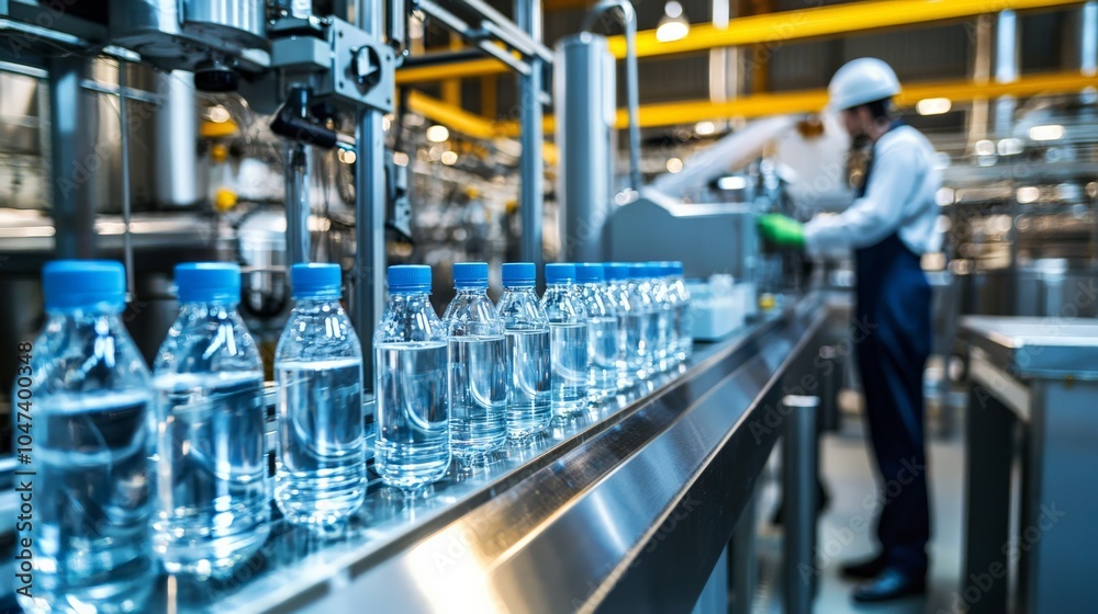 Dairy processing plant with automated systems filling bottles, workers overseeing the process Dairy processing plant with automated systems filling bottles, workers overseeing the process