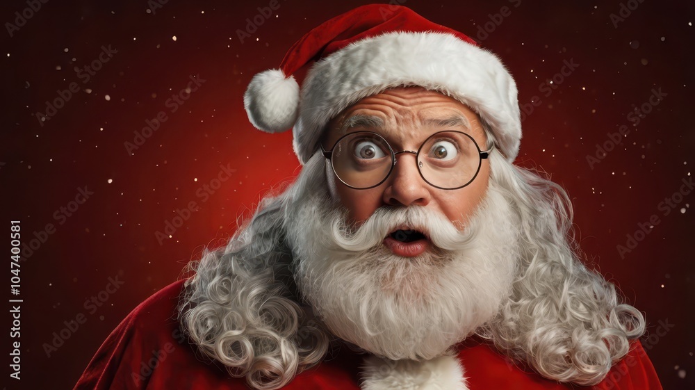 Surprised Santa Claus with wide eyes and open mouth, Christmas Holiday Concept Surprised Santa Claus with wide eyes and open mouth, Christmas Holiday Concept