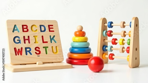A wooden alphabet block set, a wooden stacking block set