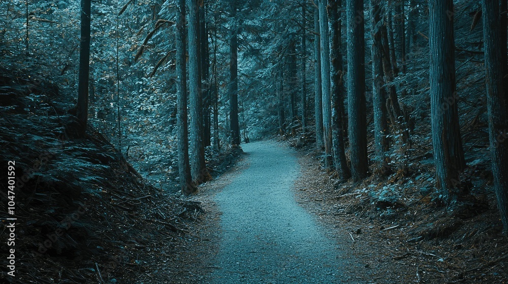 Obraz premium Serene Forest Pathway Surrounded by Tall Trees