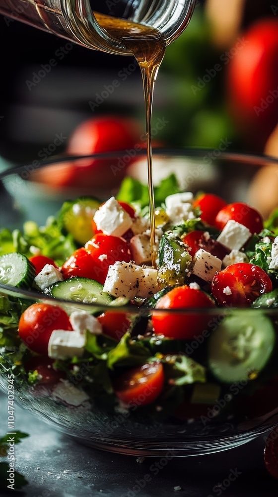 Chef pouring olive oil dressing on fresh greek salad with feta cheese Chef pouring olive oil dressing on fresh greek salad with feta cheese