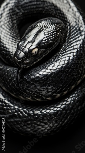 Black snake coiled showing its scales and eye in close-up