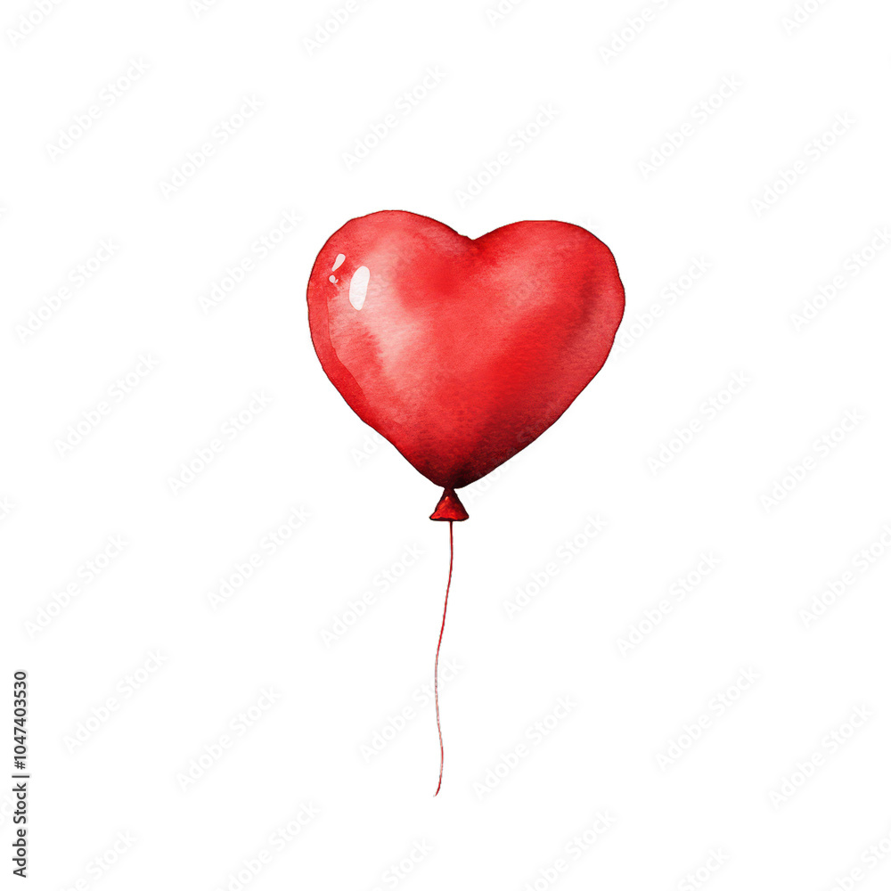 Watercolor red heart shaped balloon floating gently with a string trailing below isolated on a transparent background 