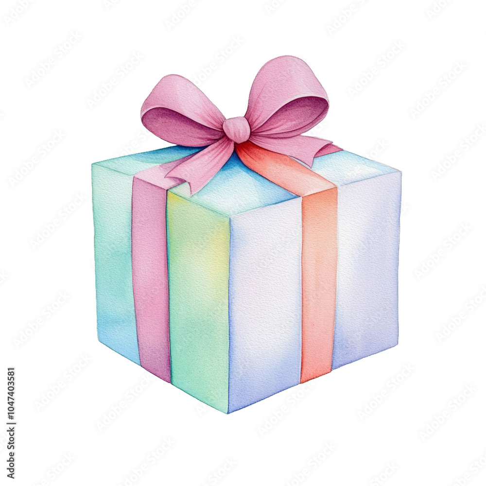 Fototapeta premium Watercolor ribbon wrapped Easter gift box with pastel wrapping and a decorative bow isolated on a transparent background 