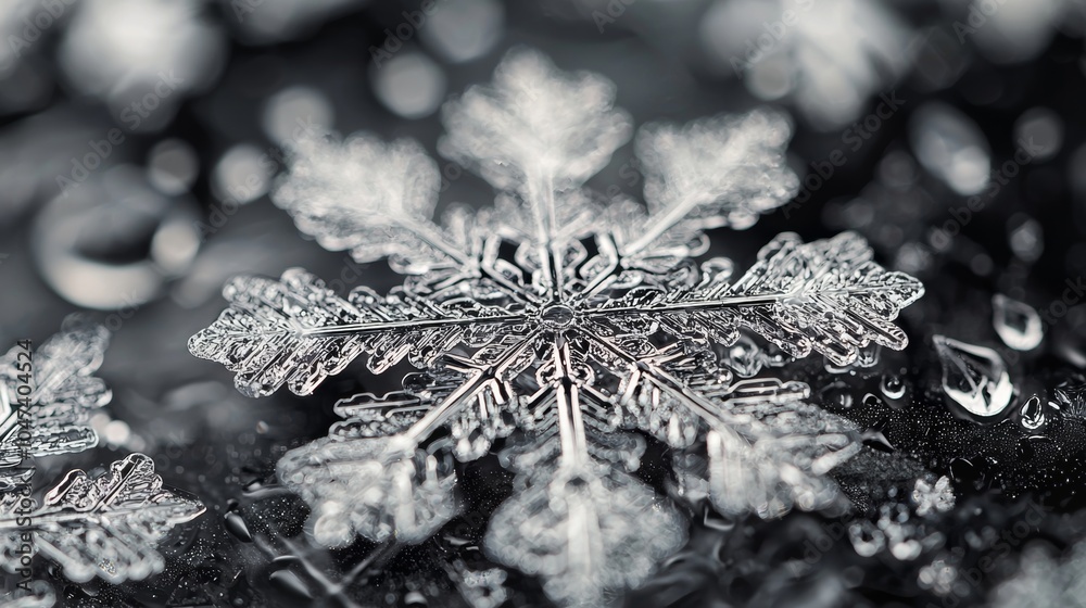 Macro Photography of Delicate Snowflake with Water Droplets Macro Photography of Delicate Snowflake with Water Droplets