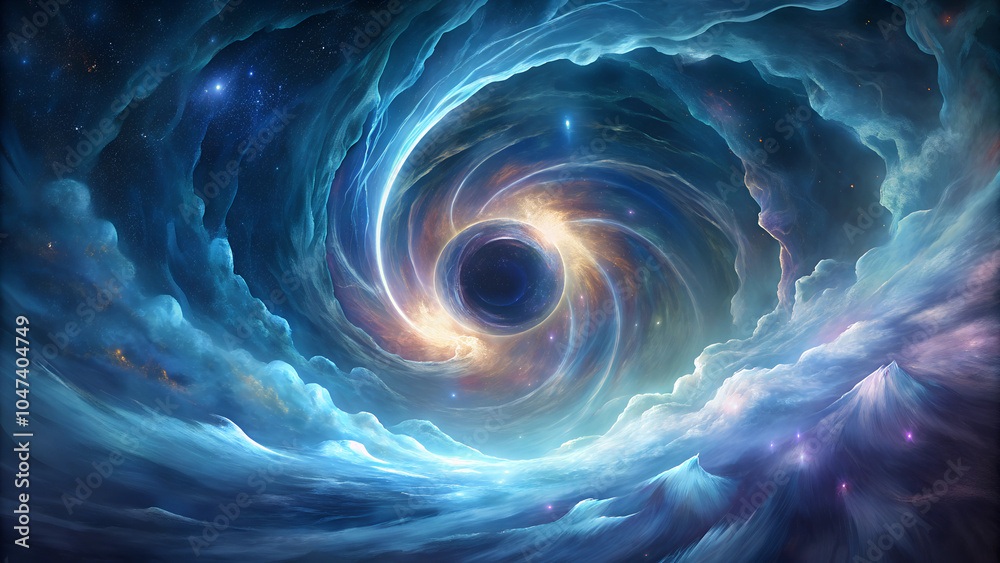 Mystical cosmic vortex with swirling clouds and a black hole at the center, evoking a sense of wonder and infinity Mystical cosmic vortex with swirling clouds and a black hole at the center, evoking a sense of wonder and infinity