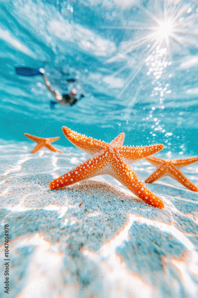 Vibrant Starfish Underwater Adventure in a Sunlit Ocean Paradise Vibrant Starfish Underwater Adventure in a Sunlit Ocean Paradise