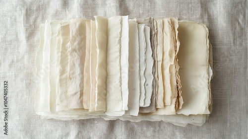 Layered deckle-edged papers in varying sizes fanned out on a light linen surface, highlighting unique irregular edges and soft shadows, creating an organic, refined look in soft whites, creams photo