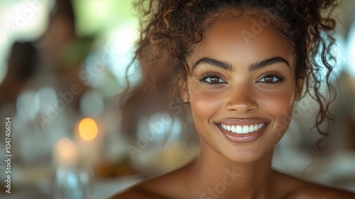 A smiling woman in a warm, inviting dining setting, radiating joy and connection.