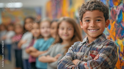 Happy Boy Smiling in a Line of Kids in a School Hallway