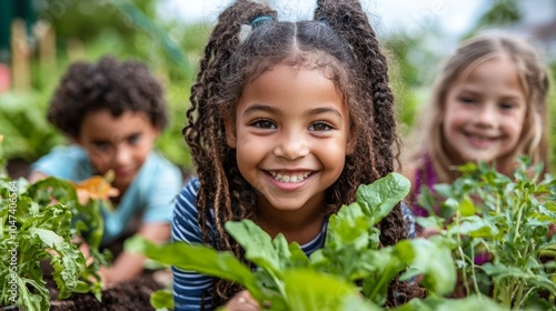 Happy Diverse Children Gardening Together in Green Vegetable Patch