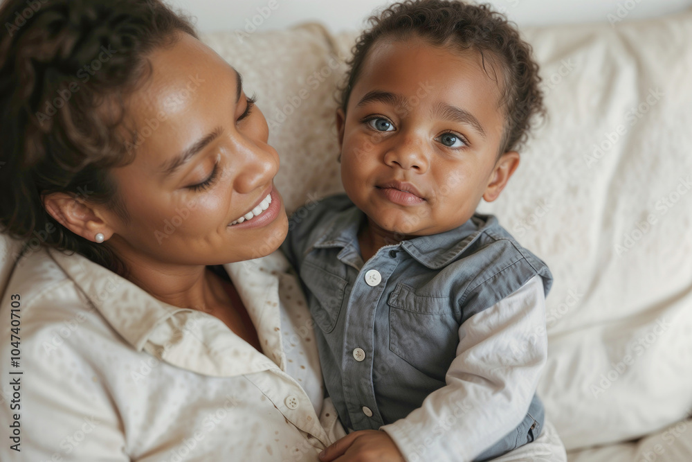 Portrait of happy young African American mom cuddling baby girl sitting in sofa Portrait of happy young African American mom cuddling baby girl sitting in sofa