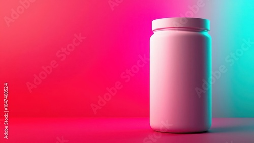 Conceptual image of whey protein packaging with fitness icons and bright glowing accents, Whey protein packaging, Supplement branding concept photo