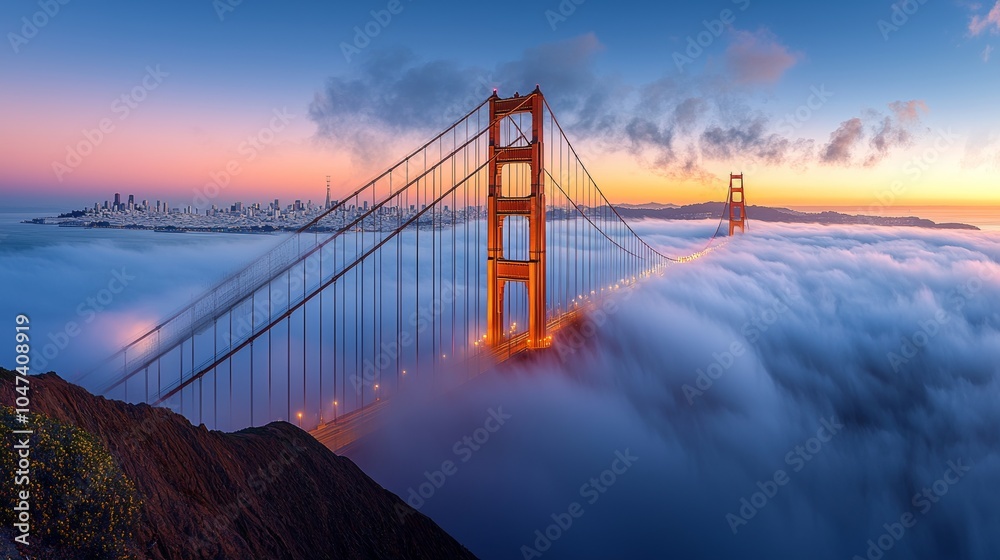 Fototapeta premium Golden Gate Bridge Above the Clouds at Sunset San Francisco Skyline