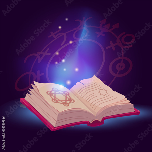 Open magic spell book in bright magical glow. Vector Illustration

