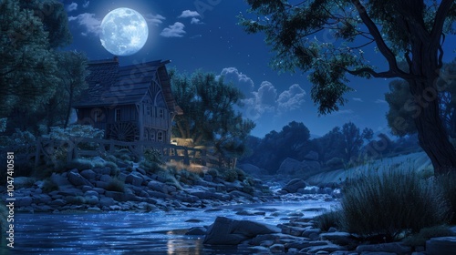 A Rustic Wooden Millhouse Under a Full Moon by a River photo