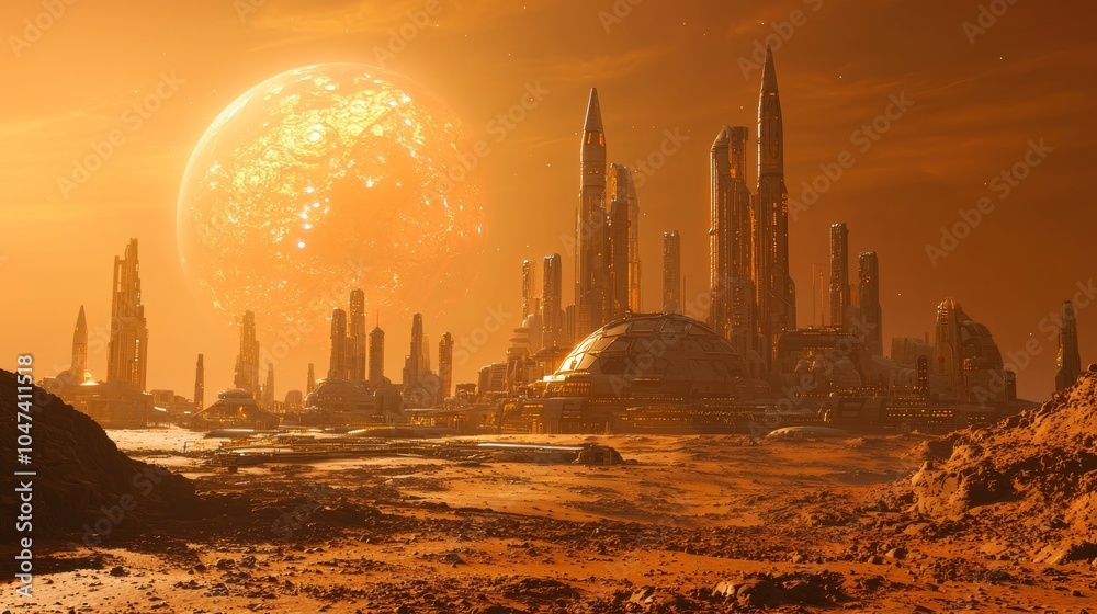 Naklejka premium Futuristic Cityscape on Mars with Giant Sun Sci Fi Illustration