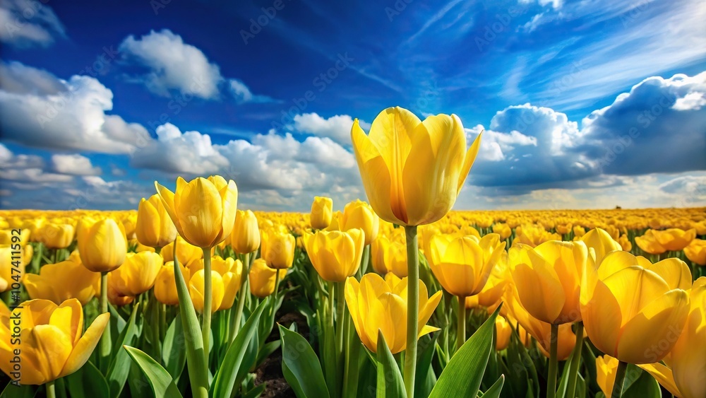 Fototapeta premium Yellow tulip fields and blue sky with clouds Macro