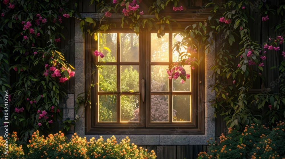 Sunlit Window with Blooming Vines on Wooden Wall Sunlit Window with Blooming Vines on Wooden Wall