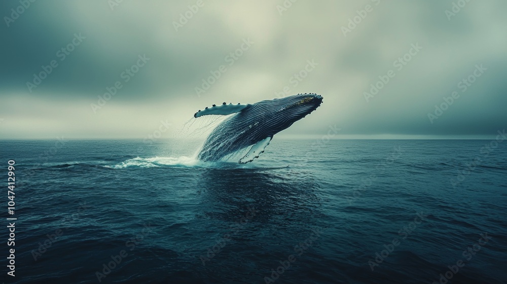 Fototapeta premium Humpback Whale Breaching in the Ocean with Cloudy Sky