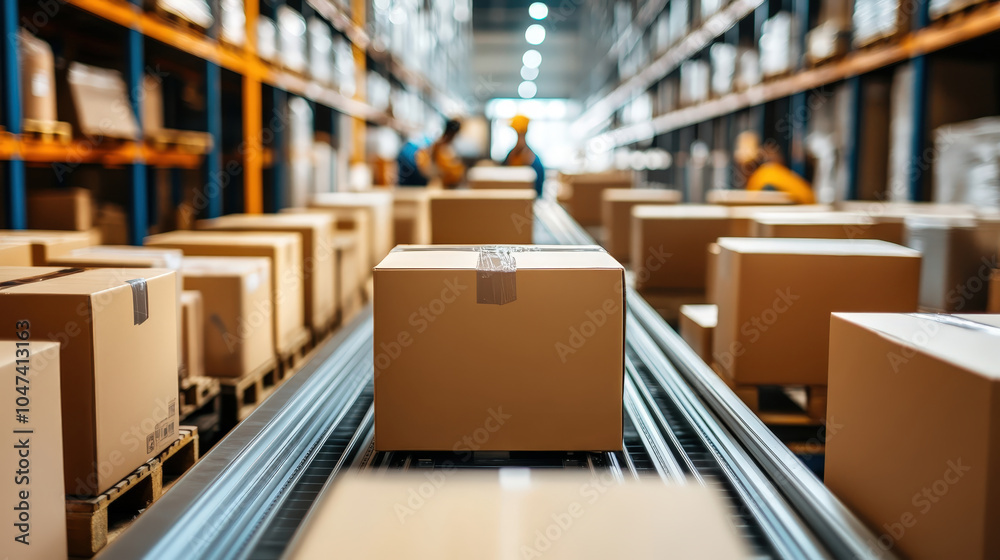 Conveyor Belt with Packages in a Warehouse Conveyor Belt with Packages in a Warehouse