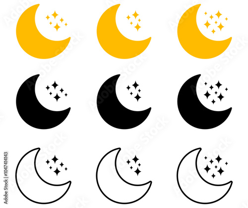 Half moon stars icon. crescent moon, Shine and sparkle stars vector icon sign - night or dark mode icons for app user interface and web elements.