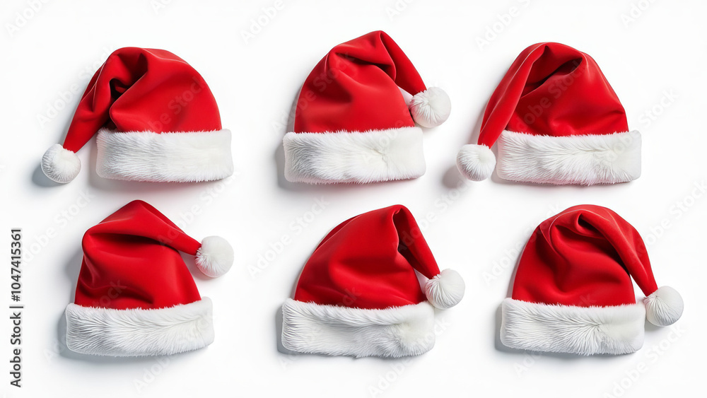 Set of red Santa Claus hats of different shapes and sizes on white background. Set of red Santa Claus hats of different shapes and sizes on white background.