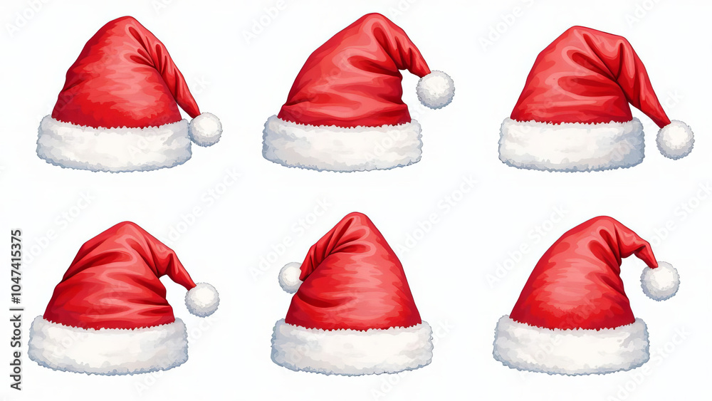 Set of red Santa Claus hats of different shapes and sizes on white background. Set of red Santa Claus hats of different shapes and sizes on white background.