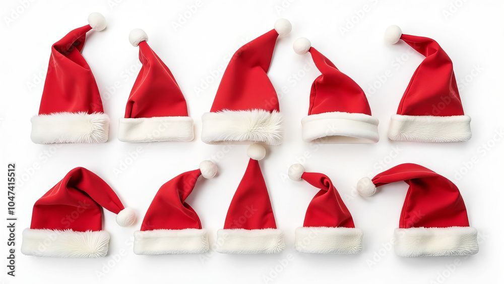 Set of red Santa Claus hats of different shapes and sizes on white background. Set of red Santa Claus hats of different shapes and sizes on white background.
