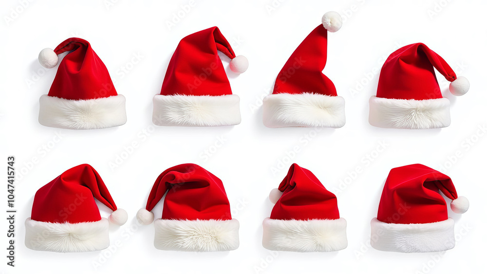 Set of red Santa Claus hats of different shapes and sizes on white background. Set of red Santa Claus hats of different shapes and sizes on white background.