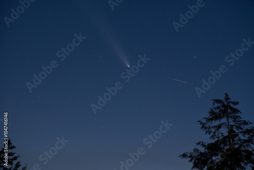 Comet Tsuchinshan ATLAS C 2023 A3 in the sky over the Ruhr area in Germany on October 14, 2024. The tail is very long and visible at night. Astrophotography in Europe.