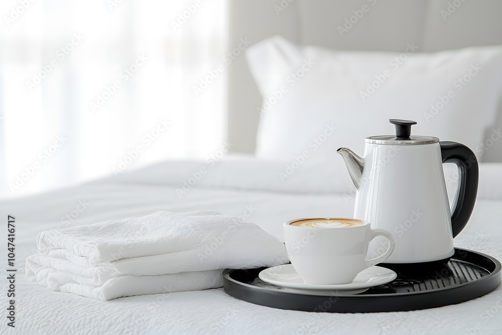 White Cup of Tea and Teapot on Hotel Bed: A Cozy and Inviting Touch for a Relaxing Stay White Cup of Tea and Teapot on Hotel Bed: A Cozy and Inviting Touch for a Relaxing Stay