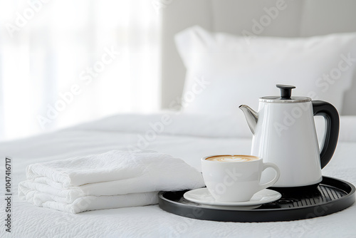 White Cup of Tea and Teapot on Hotel Bed: A Cozy and Inviting Touch for a Relaxing Stay