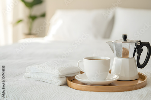 White Cup of Tea and Teapot on Hotel Bed: A Cozy and Inviting Touch for a Relaxing Stay