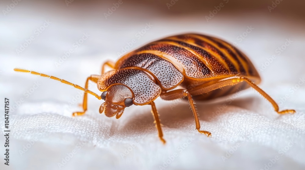 Naklejka premium Bed bug crawling on white fabric surface